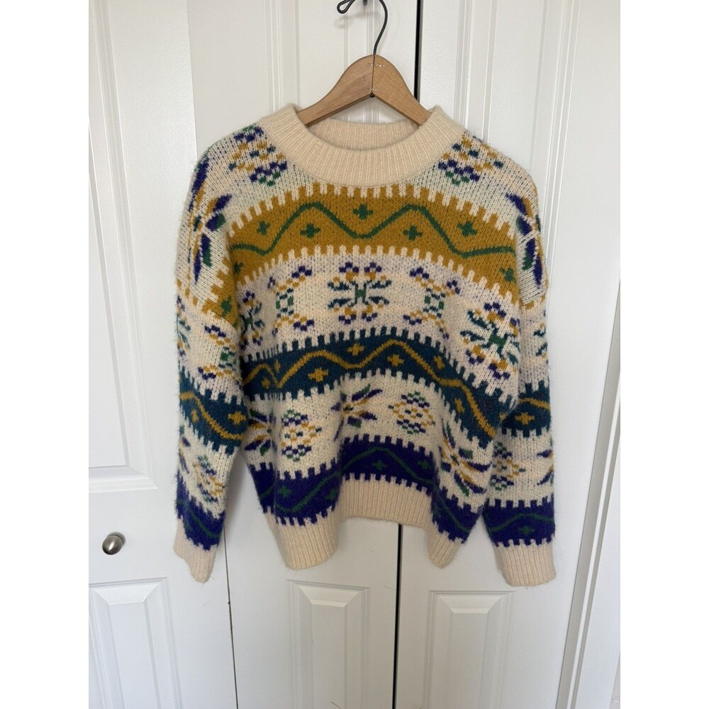 Cocobleu Fair Isle Crew Neck Sweater-Ivory Multi-Color- Acrylic-Size Medium